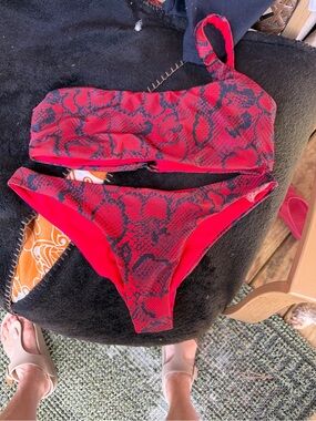 SHEIN Red and Black Snake Print One-Shoulder Bikini back string has been replace